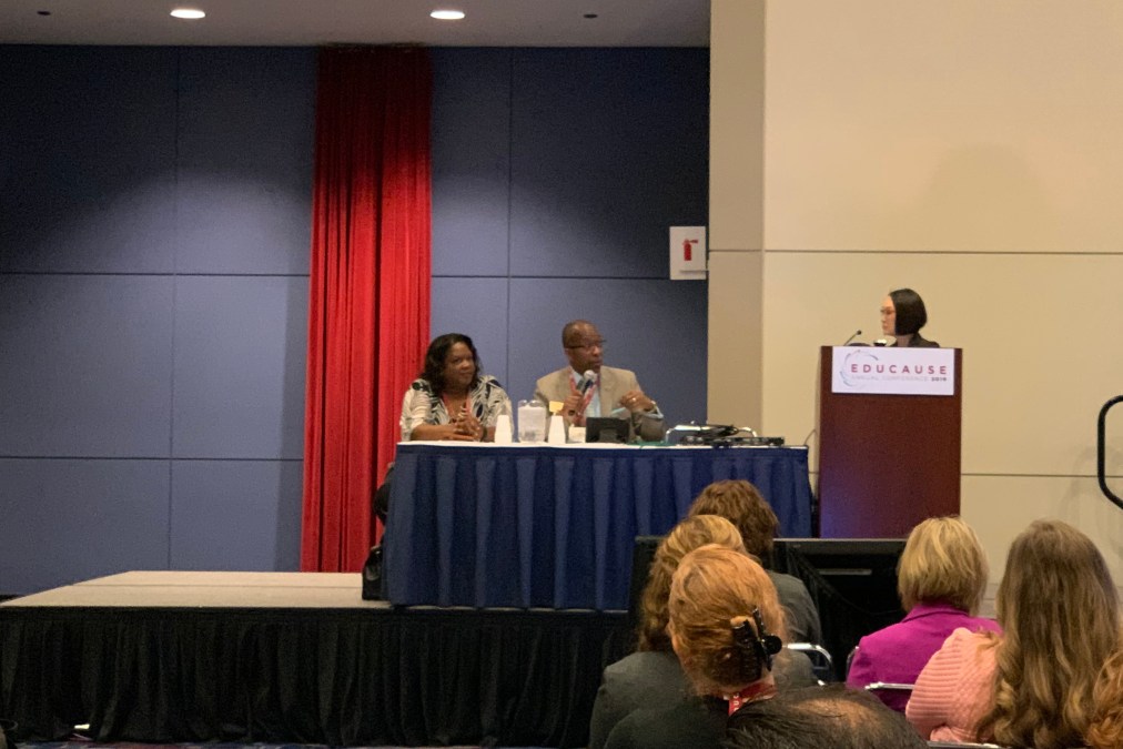 Cheryl Washington, CISO at UC Davis, Keith McIntosh, CIO at University of Richmond and Melissa Woo, CIO at Stony Brook University.