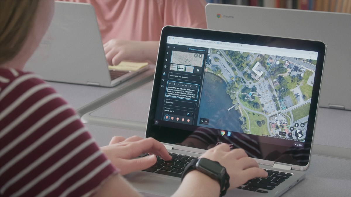 woman using Google Earth on a laptop