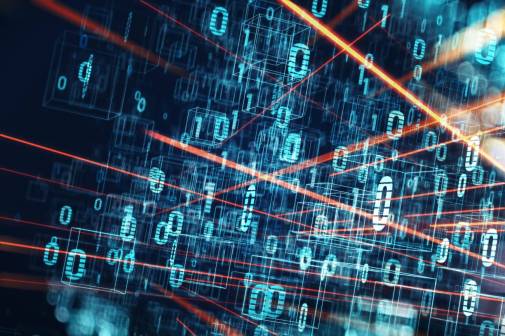 Information sharing-themed graphic with binary numbers in blue overlaid with an orange grid.